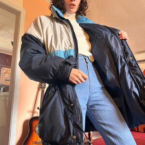1990s puffer drawstring waist snap buttons color blocked quilted ski alpine coat